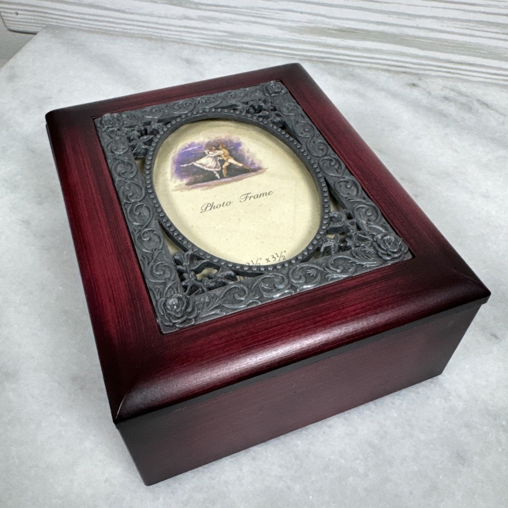Cherry Wood Stain Keepsake Trinket Jewelry Box  With Pewter Photo Frame Lid